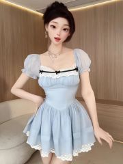 2025 spring and summer new style waist-hugging gentle puff sleeve short skirt pure first love sweet girl lace splicing contrast color