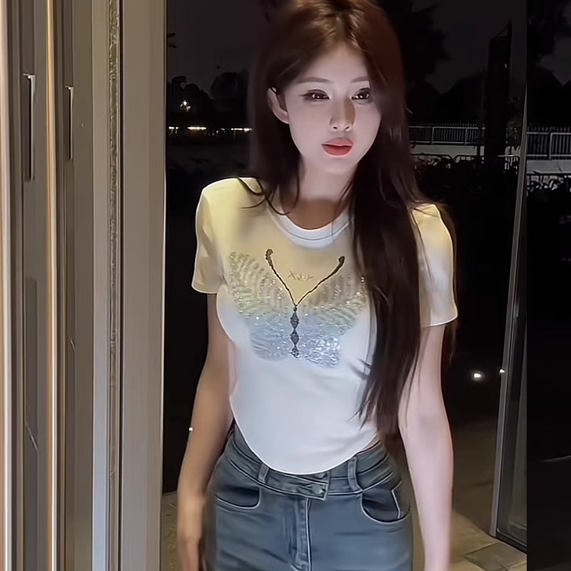 2025 summer 92 cotton/8 spandex 40 210g pure cotton iron diamond sequin short-sleeved T-shirt for women
