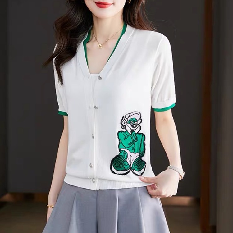 Contrast color double-layer collar knitted jacket for women in summer wear thin V-neck short-sleeved cartoon embroidered cardigan exterior