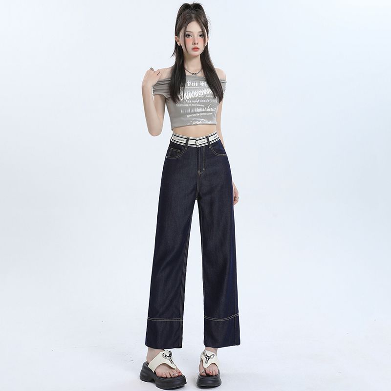 Real shot 2025 dark blue ice silk straight jeans for women in summer thin splicing letters waist droop straight wide legs