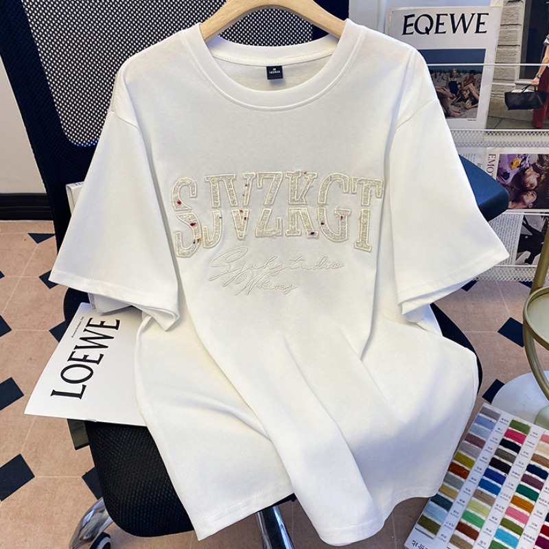 Real shot 220g pure cotton short-sleeved T-shirt for women's summer 2025 new embroidered medium-length front shoulder short round neck Korean top