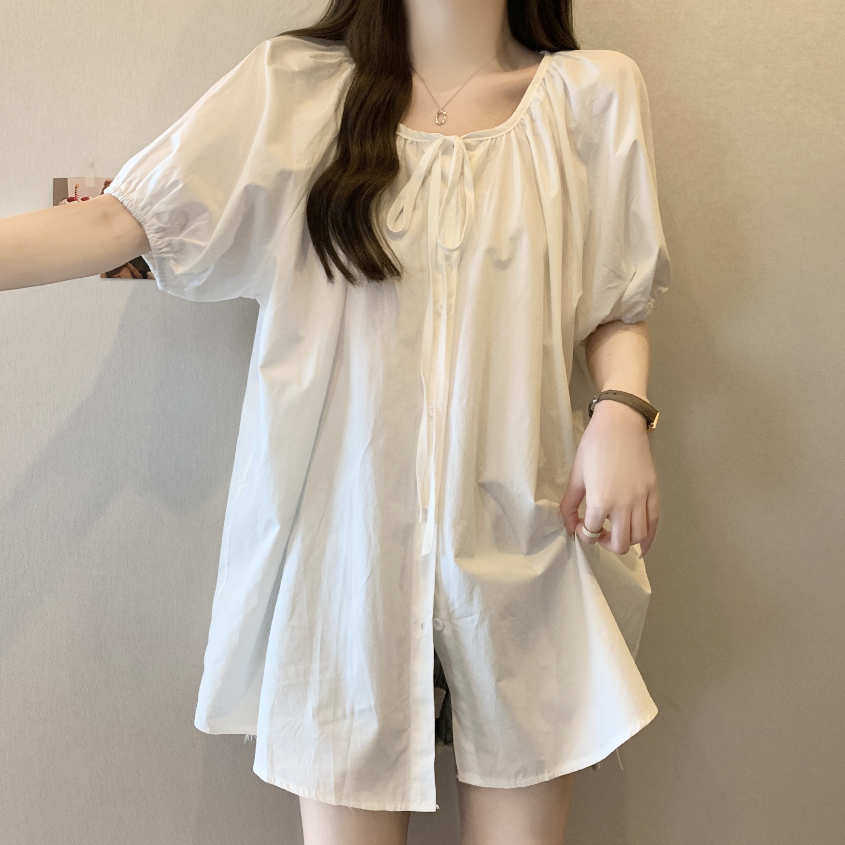 Real shot~Large size fat MM new simple round neck tie loose-fitting flesh-covering slimming cardigan shirt top for women