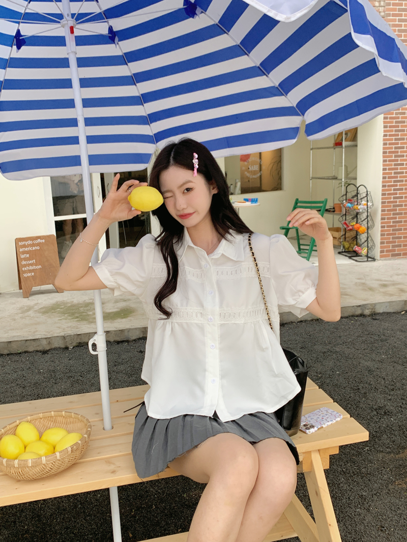 2025 summer new style of the 2025 college style sweet lady middle sleeve shirt collar white shirt for women
