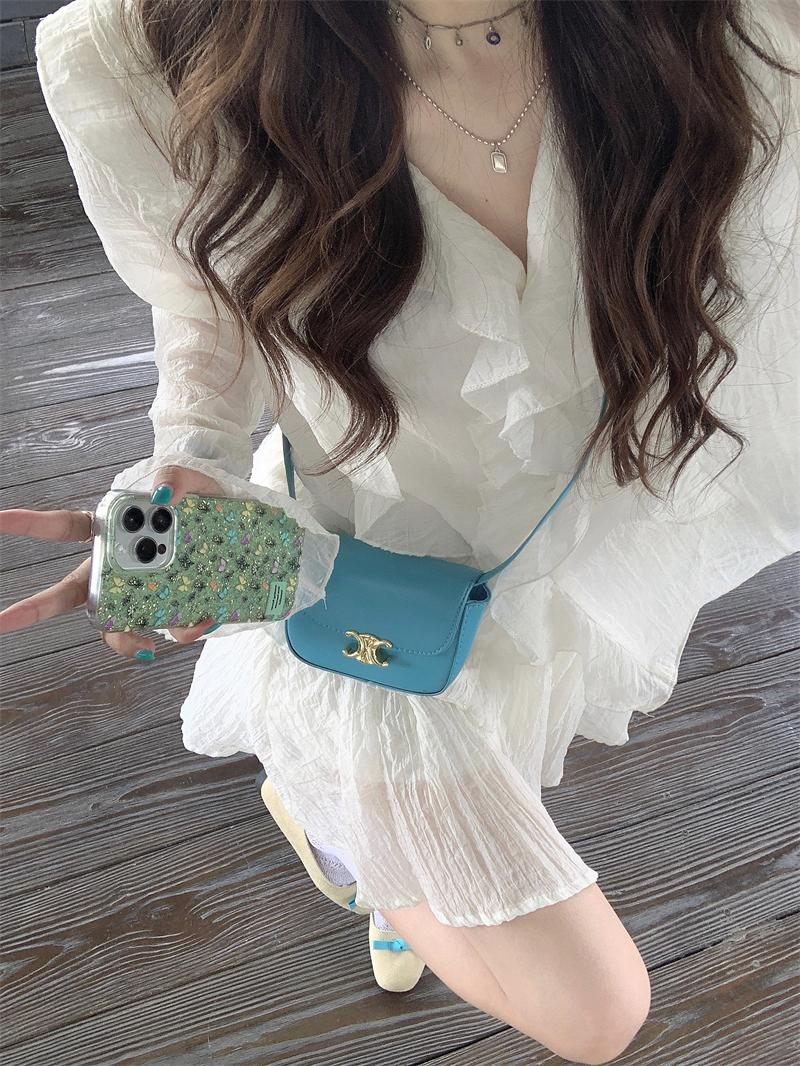 Real shot #French sweet and spicy suit spring and summer design feels ruffled chic shirt top short two-piece set