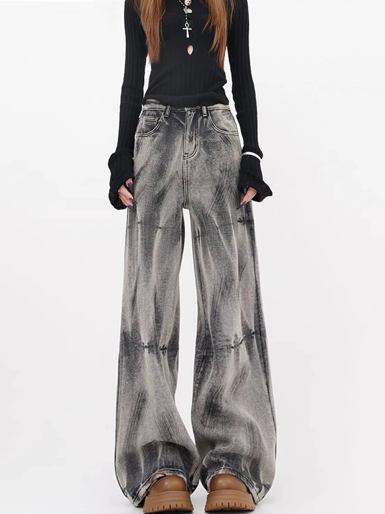 KENH American retro old tie-dye wide-leg jeans women's wasteland style loose draped floor trousers trousers