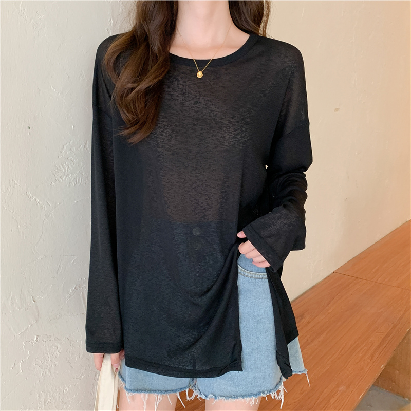 Korean new sunscreen T-shirt for women in summer thin blouse slit design niche loose long-sleeved ice silk top