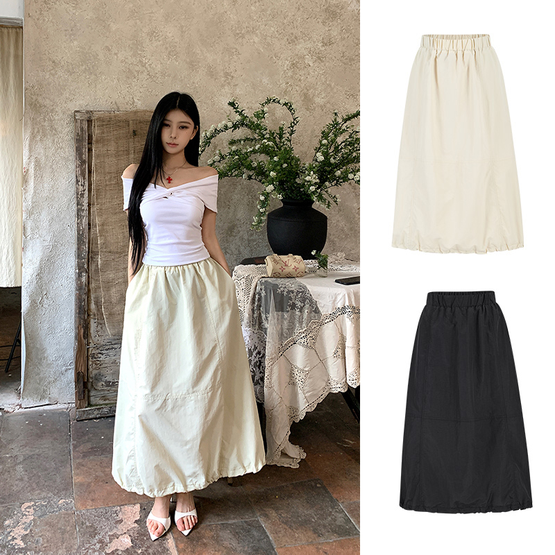 Real shot - Elastic waist simple work dress puffy skirt high waist slim long skirt