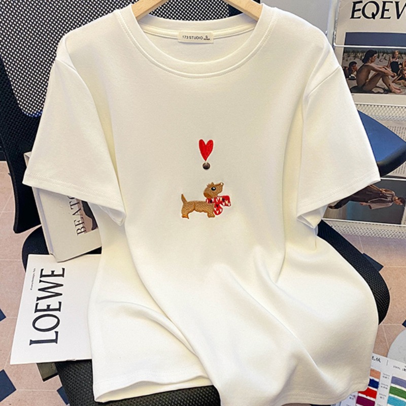 Real shot 220g water soft double-sided short-sleeved T-shirt for women's summer 2025 new embroidered front shoulder round neck top Korean women's clothing