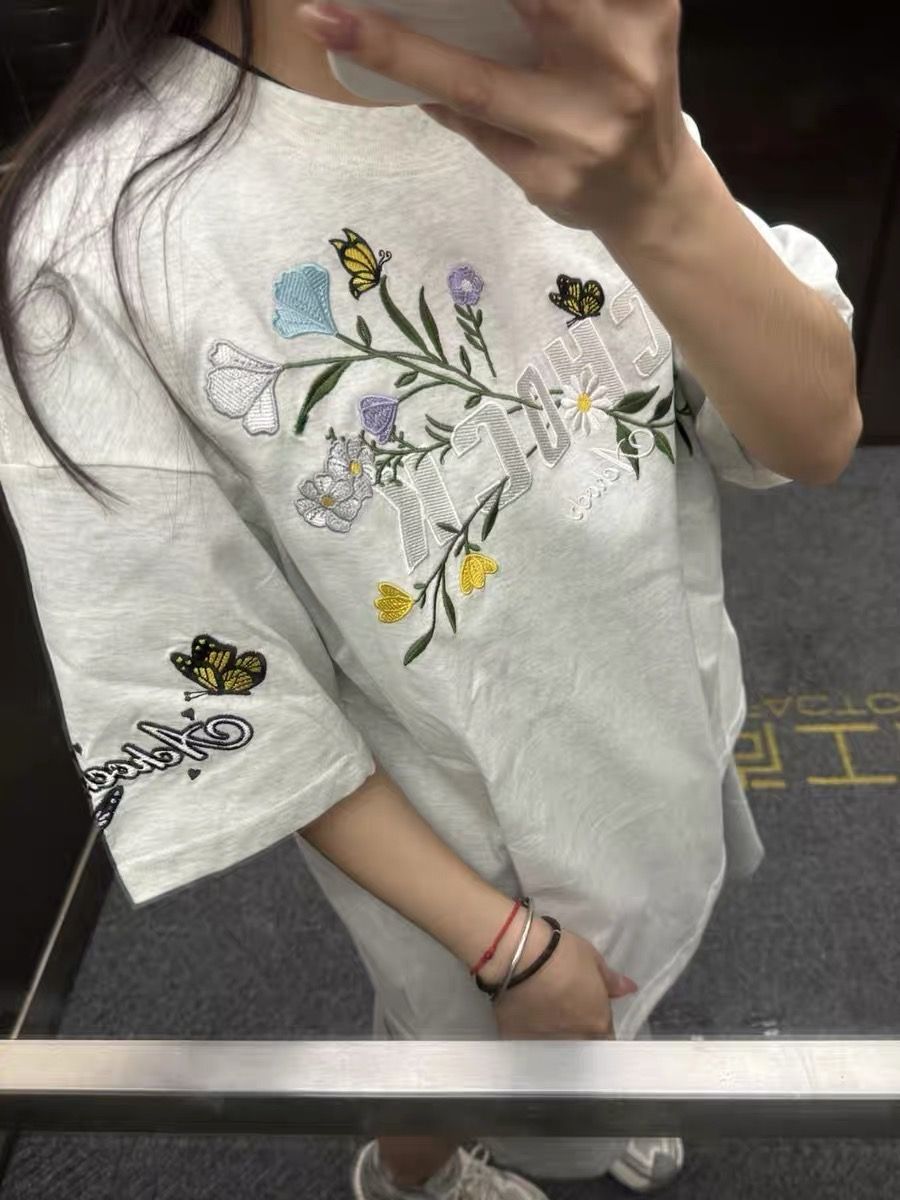 2025 summer new embroidered pure cotton 220g combed tight short-sleeved T-shirt for women