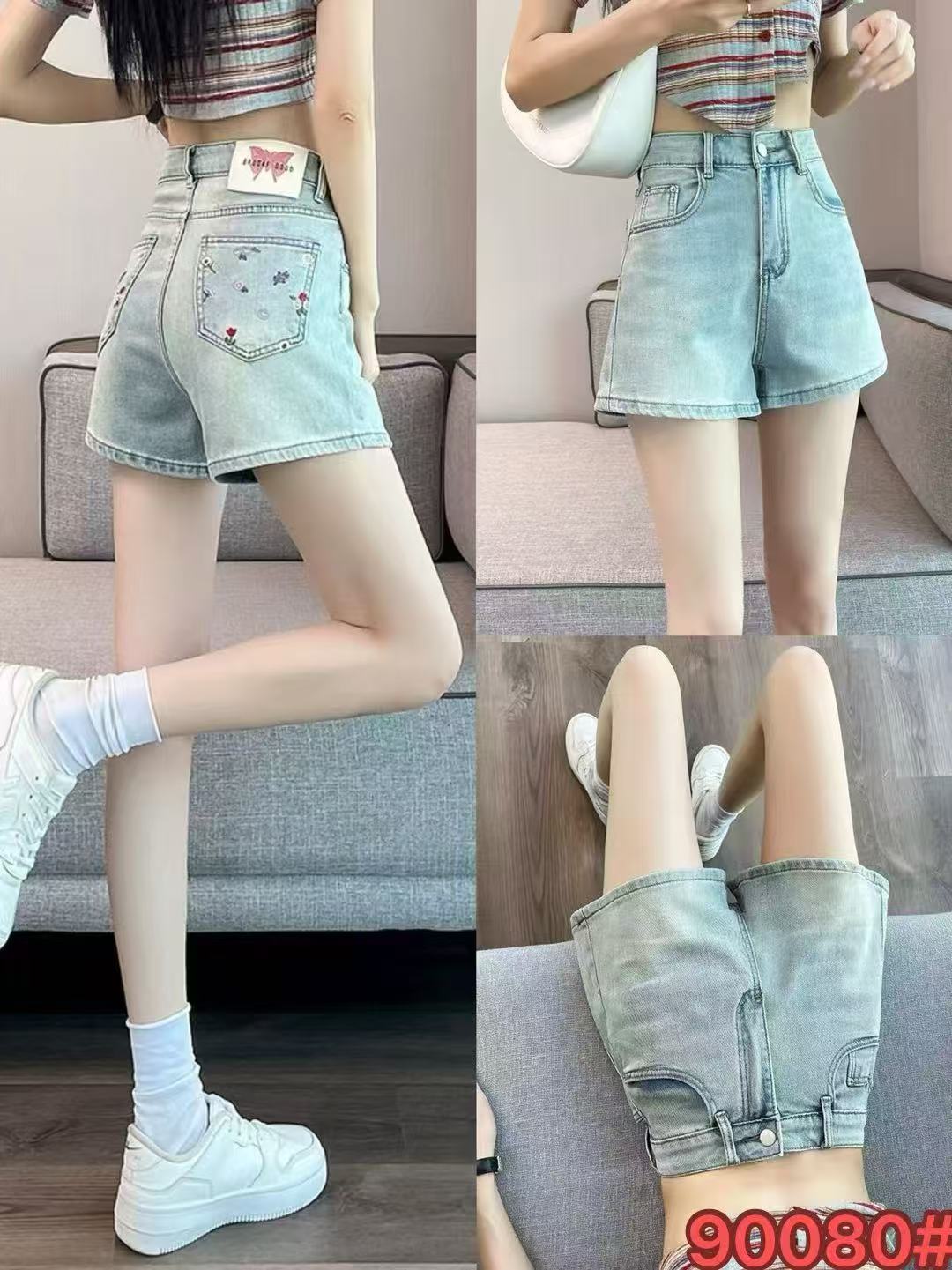 Small floral embroidered denim shorts for women in summer 2025 new high-waisted slim hot girl A-line wide-leg hot pants trendy