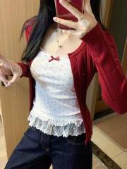 Long-sleeved knitted cardigan for women's spring new bow lace lace suspender vest Korean style design sense two-piece set