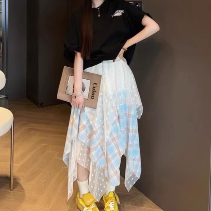 2025 new design sense irregular lace mesh spliced ​​skirt for women's summer unique fashionable midi skirt