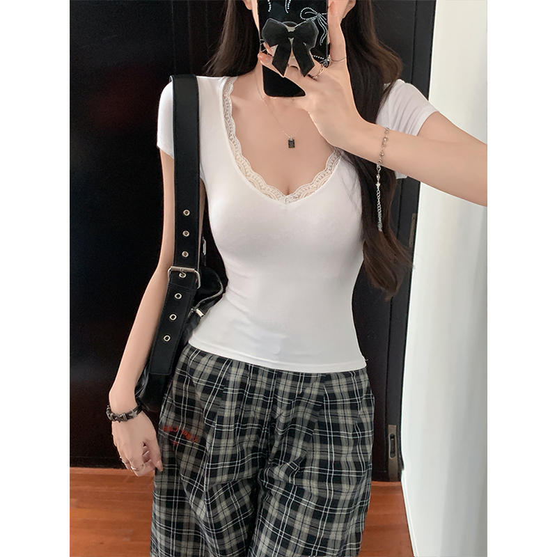 Real shot~ Lace lace V-neck front shoulder short sleeve base T-shirt for women's summer high waist waist slim fit slim top