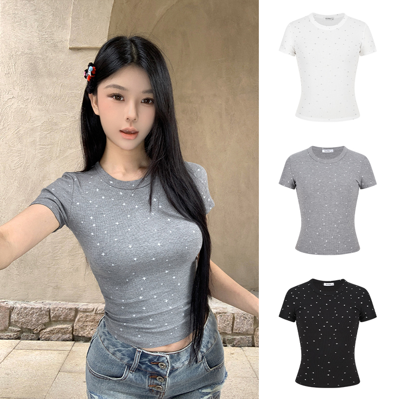Real shot-American retro design sense star short-sleeved T-shirt for women's summer new hot girl slim body