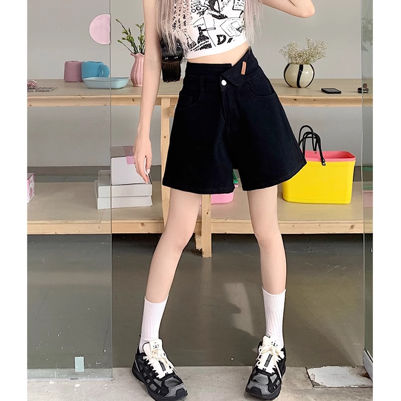 High-waisted denim shorts for women 2025 summer design large size pear-shaped body slim and loose wide-leg A-line hot pants