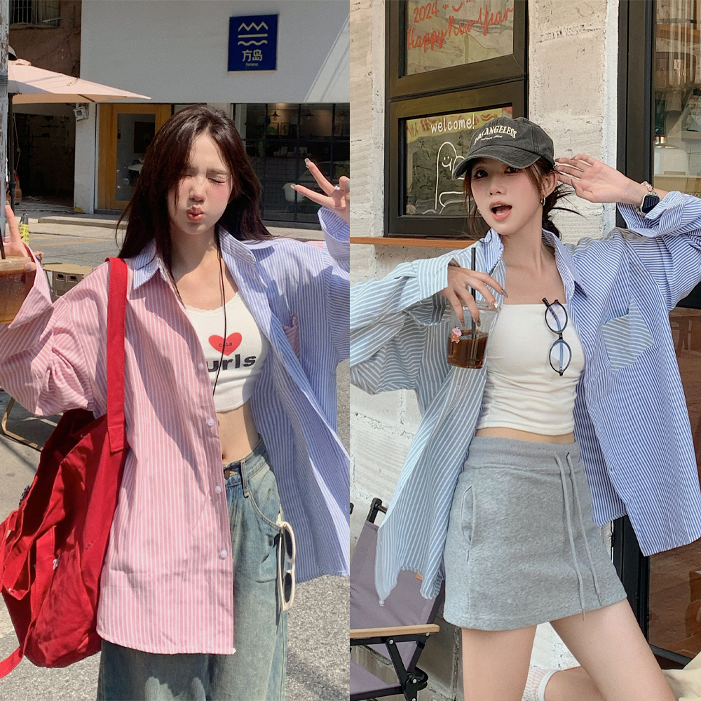 Retro temperament casual color-block striped long-sleeved shirt for women 2025 autumn couple versatile lapel shirt jacket
