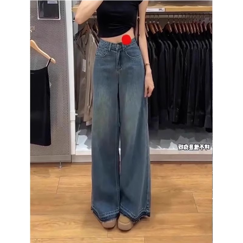 Retro wide-leg jeans for women in spring new high-waist straight-leg floor pants fat mm slim trousers KX