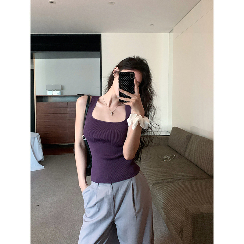 Real shot - Women's new style of knitted suspender vest with square collar and wide shoulder bottoming French sleeveless top