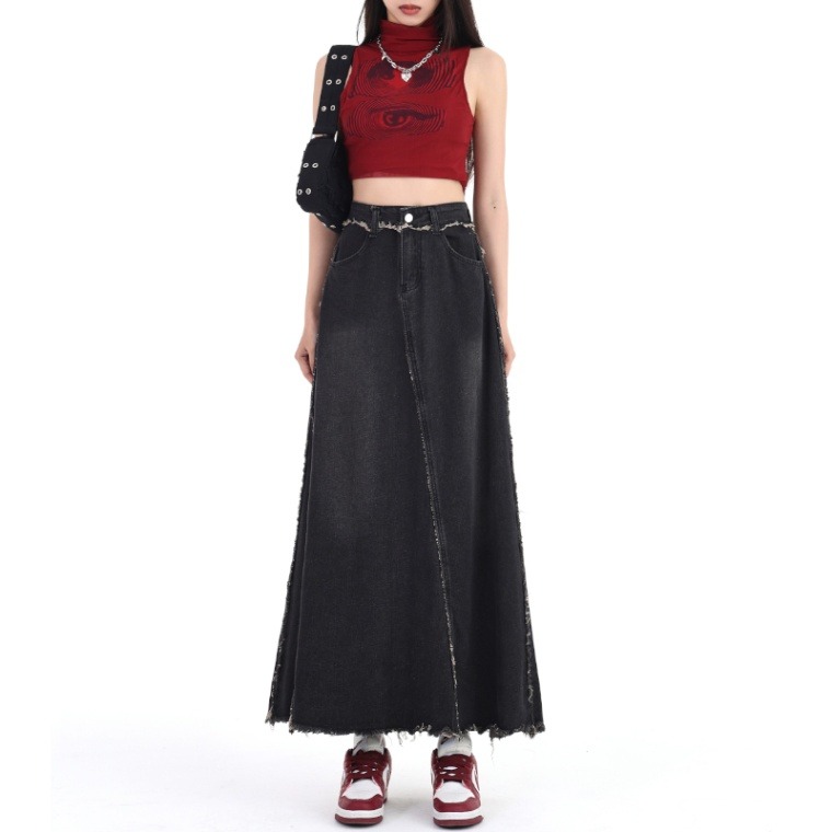 Retro high-waisted denim skirt for women new spring and autumn American slim A-line midi skirt