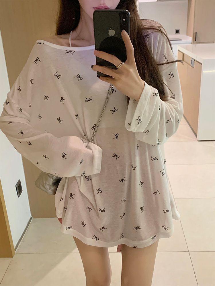 Tennis ultra-thin ribbed lazy style bow printed long-sleeved T-shirt women's thin style slightly transparent sunscreen top