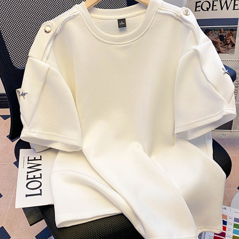 Real shot with shoulder padded short-sleeved T-shirt for men in summer 2025 design feel loose trendy mid-length round neck top Korean women's clothing
