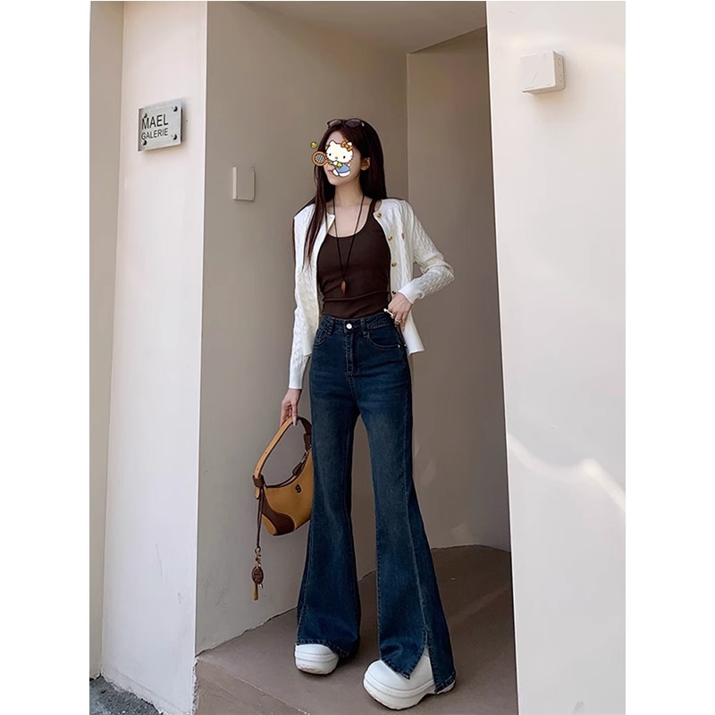 Large size retro jeans for women 2025 spring new slit design high waist small slim trousers