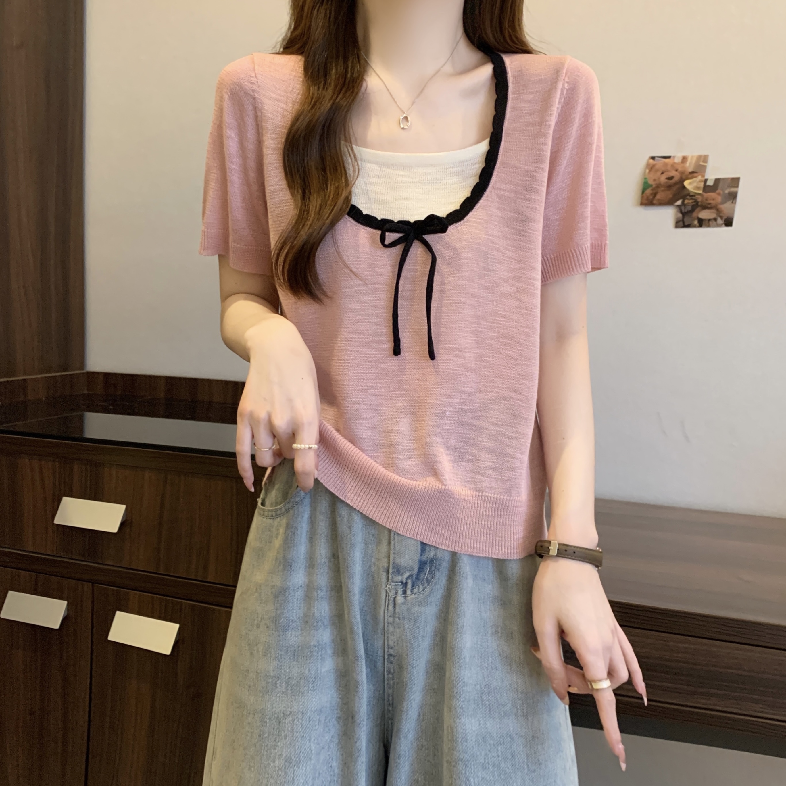Real shot~Large size fat MM summer new style simple and versatile loose square collar color-blocking fake two-piece sweater top