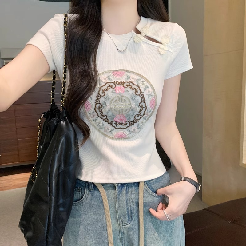 2025 summer 92 cotton/8 spandex 40 210g pure cotton New Chinese style Chinese style buckle embroidered short sleeves