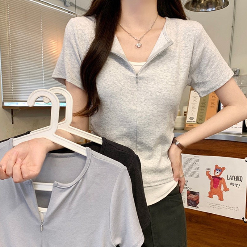 Real shot 260g threaded short-sleeved T-shirt summer 2025 new fake two-piece short slim lapel top Korean women's clothing