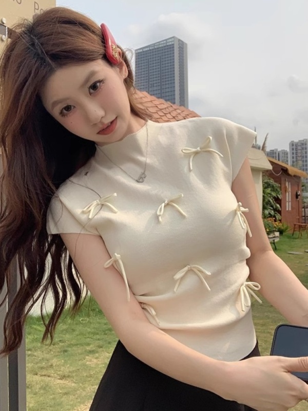 Korean gentle style bow embellished with half-high neck short-sleeved sweater for women in summer new style super beautiful top