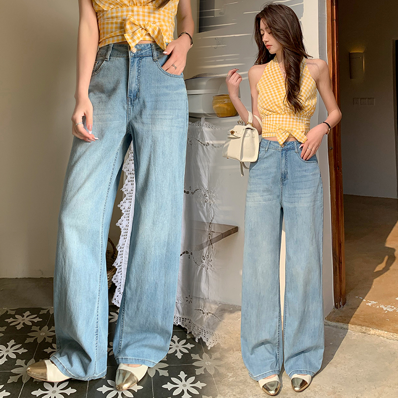 Light blue jeans for women in spring and autumn European lace splicing high waist loose slimming floor narrow version wide-leg straight pants