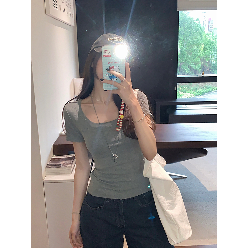 Real shot - Gray U-neck short-sleeved T-shirt women's 2025 summer new slim fit and casual versatile top