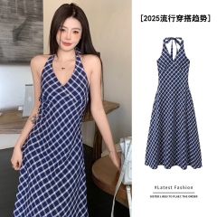 French fashionable design blue retro plaid neck dress summer high-end temperament waist-hugging suspender long skirt