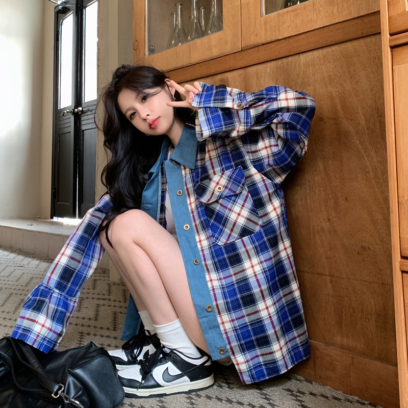 American retro plaid splicing shirt for women 2025 spring loose casual high street hiphop long-sleeved top jacket