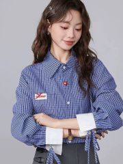 Spring blue plaid shirt shirt straps versatile new loose long-sleeved top
