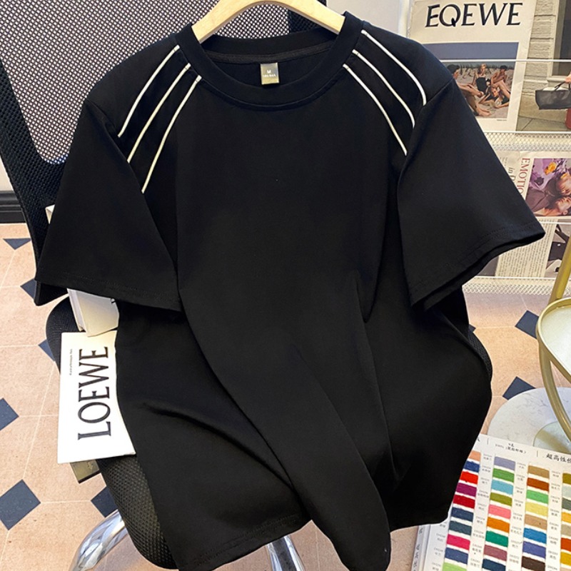 Real shot 220g pure cotton shoulder pad short sleeve T-shirt for men and women summer 2025 new front shoulder slim short round neck top