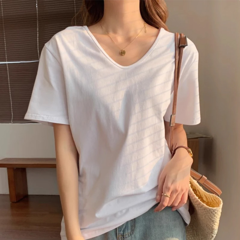 Official photo 240g double yarn U-neck straight shoulder T-shirt women's short-sleeved white top spring and summer large neckline loose