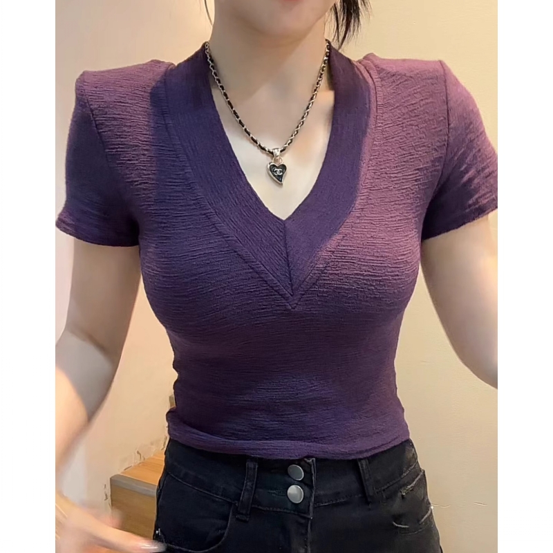 American-style front shoulder V-neck short-sleeved solid color T-shirt for women in summer 2025 fashionable slim top