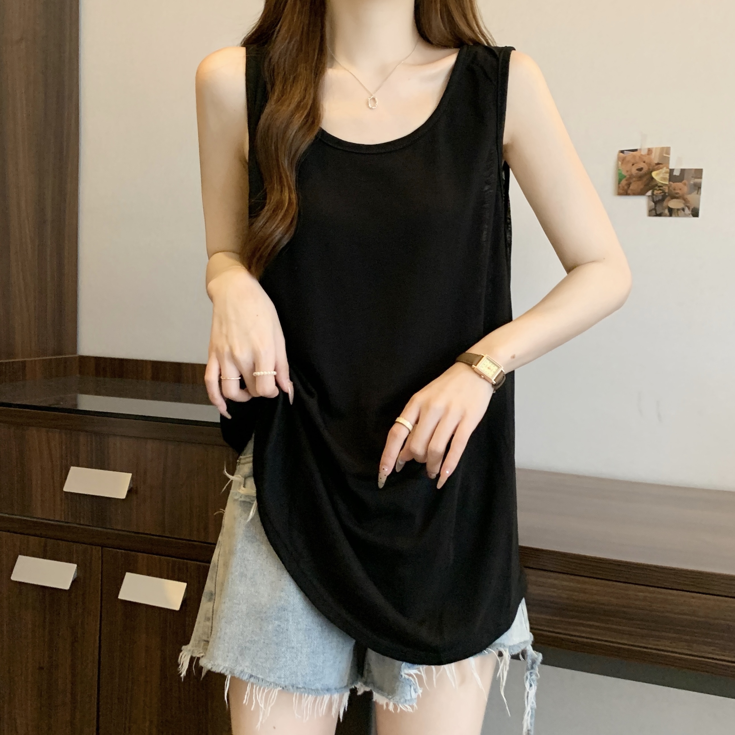 Real shot~ Fat MM simple and versatile loose-fitting flesh to make it look thin and spliced ​​lace autumn base vest top