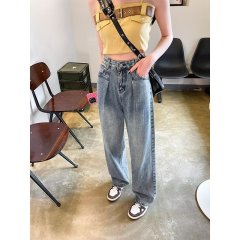 New retro spring style high-waisted straight-leg pants Korean style denim floor pants for women, slim and versatile wide-leg pants trendy