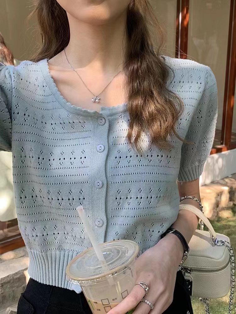 Retro Hong Kong style gentle thin sweater cardigan for women's summer high waist short blouse short sleeve hollow top