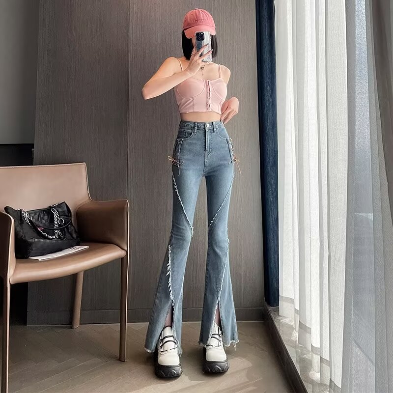 Retro slit lace-up jeans for women in spring and autumn slim elastic high waist slim slightly flared pants trousers