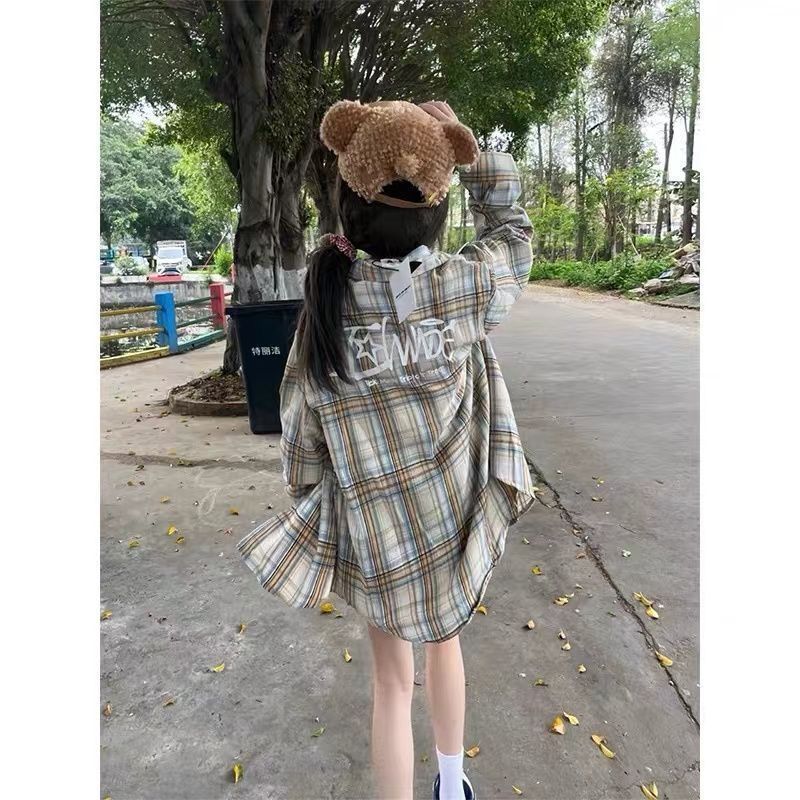 National trend brand retro plaid long-sleeved shirt for women in summer sun protection thin couple loose high street letter shirt jacket