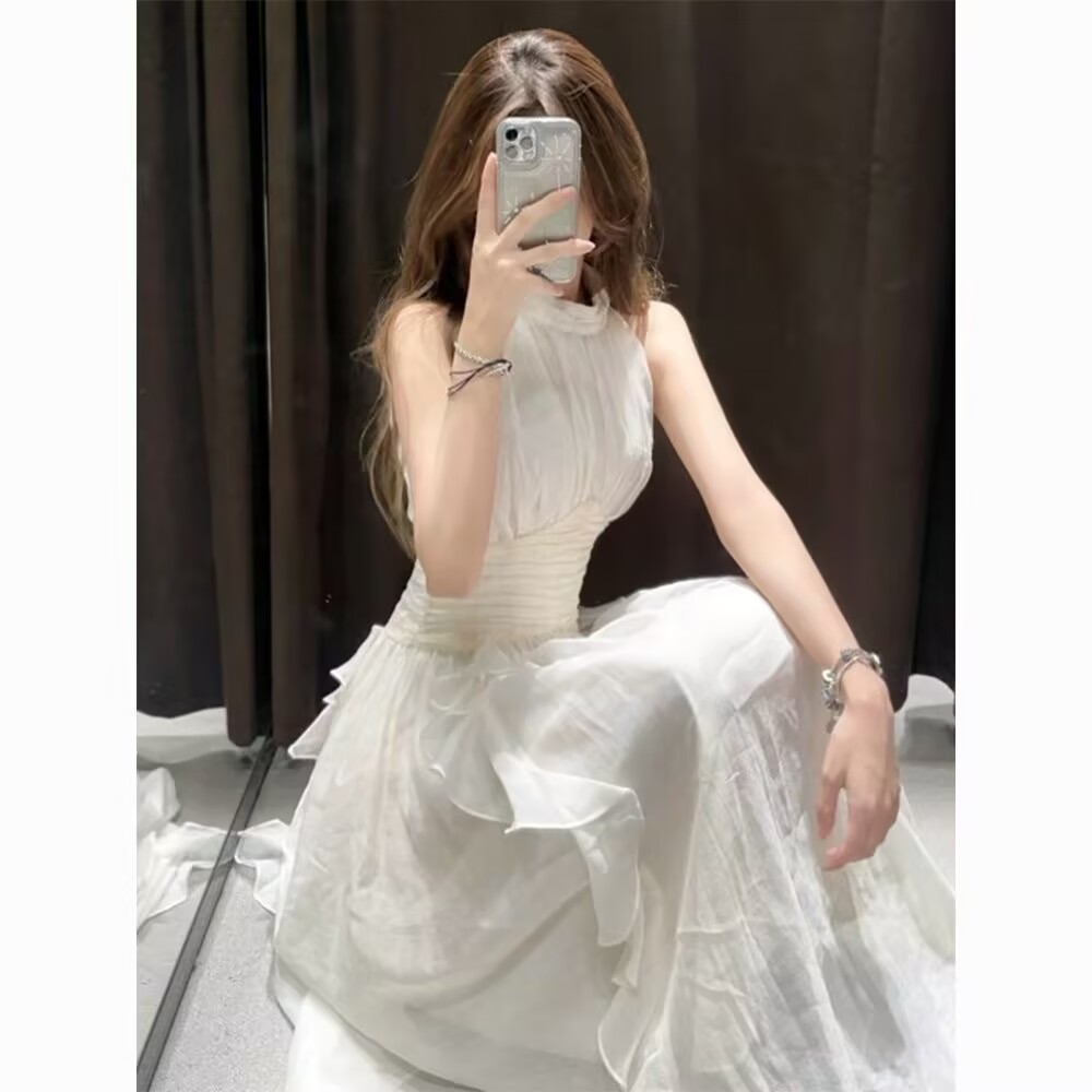 2025 summer new halter neck dress for women high-end ruffle flowing dress sleeveless skirt long skirt