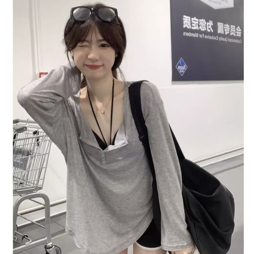 2025 new lazy style sunscreen V-neck long-sleeved T-shirt for women in spring and summer loose slim pure slutty top