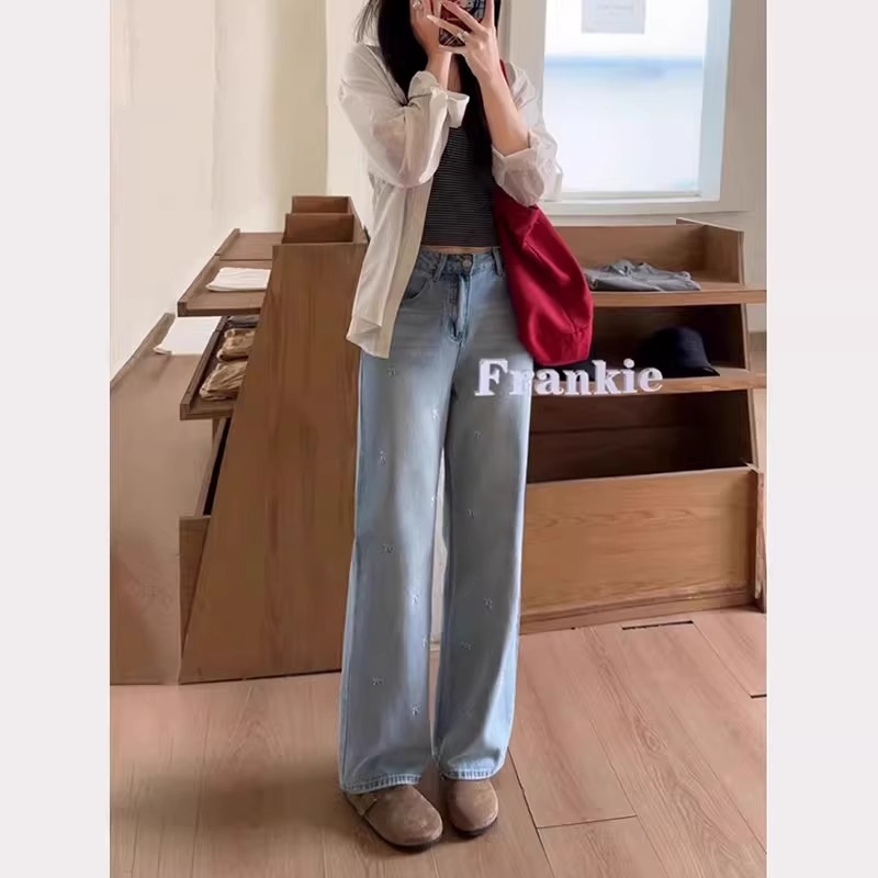 Light-colored embroidered jeans for women's spring new straight-leg pants fat mm large size loose narrow version wide-leg pants KX