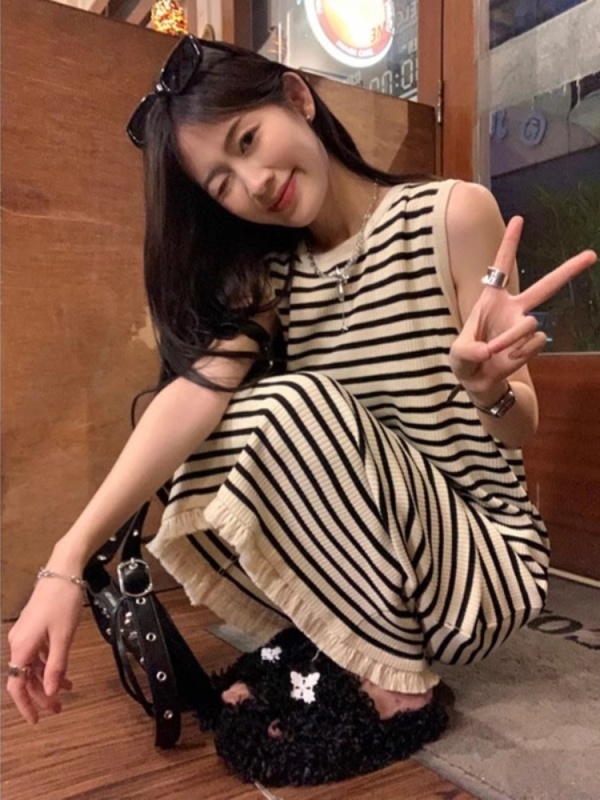 Striped knitted sleeveless vest dress for women summer loose casual lazy style long tassel skirt