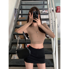 Real shot-Pure desire to pinch the waist, slim solid color long-sleeved base shirt for female hot girl looking slim T-shirt