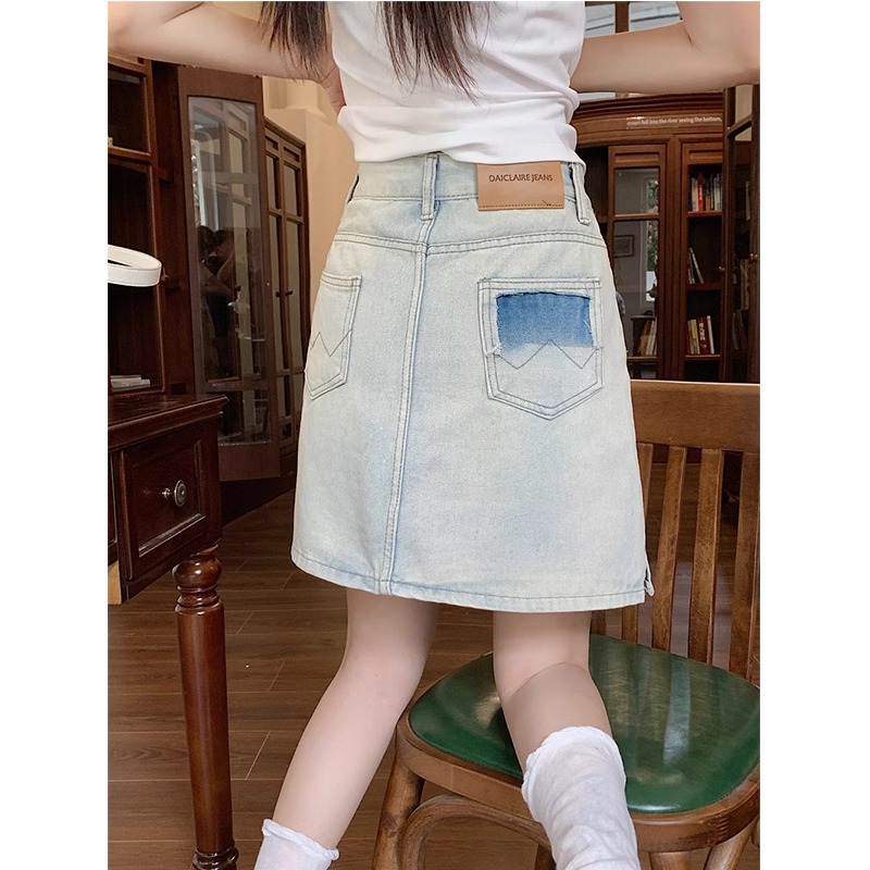 Pocket gradient contrast color denim skirt for women new high-waisted slim and loose straight A-line hip skirt KX