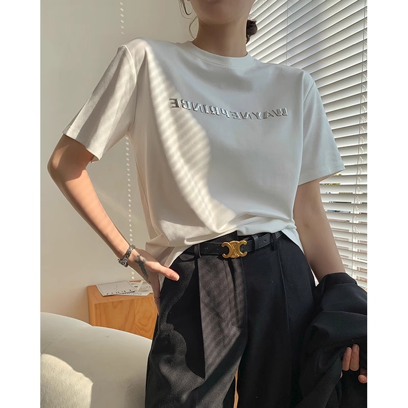 European T-shirt for women in summer short-sleeved 2025 new pure cotton high-end three-dimensional letter loose t-shirt clothes ins